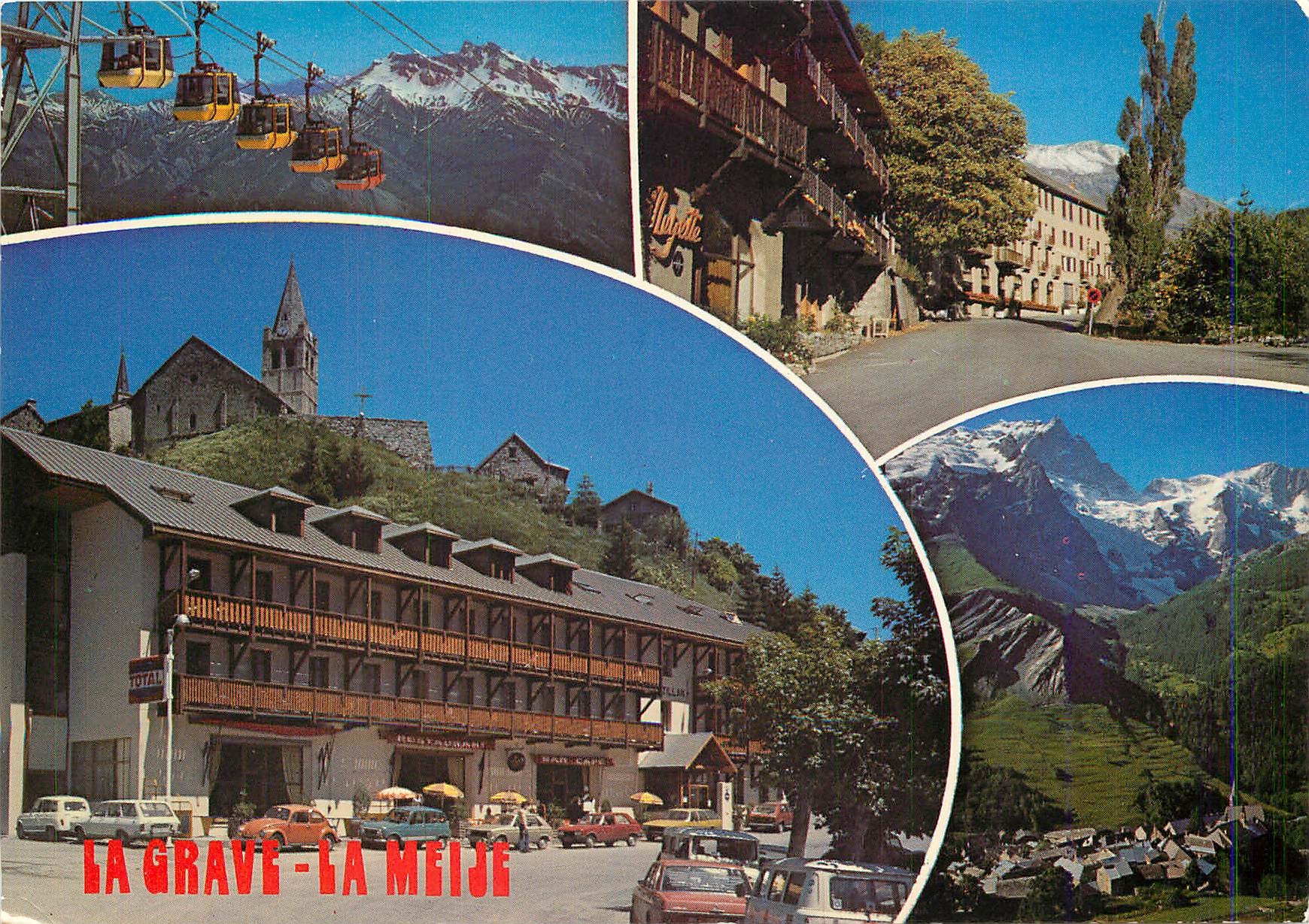 La Grave - La Meije — vue panoramique avec téléphérique, hôtel, église et montagnes enneigées — éditeur non visible