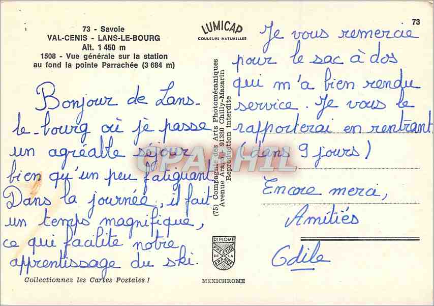 CPM Savoie Val Cenis Lans le Bourg Vue generale sur la station au fond la pointe Parrachee  — Rückseite