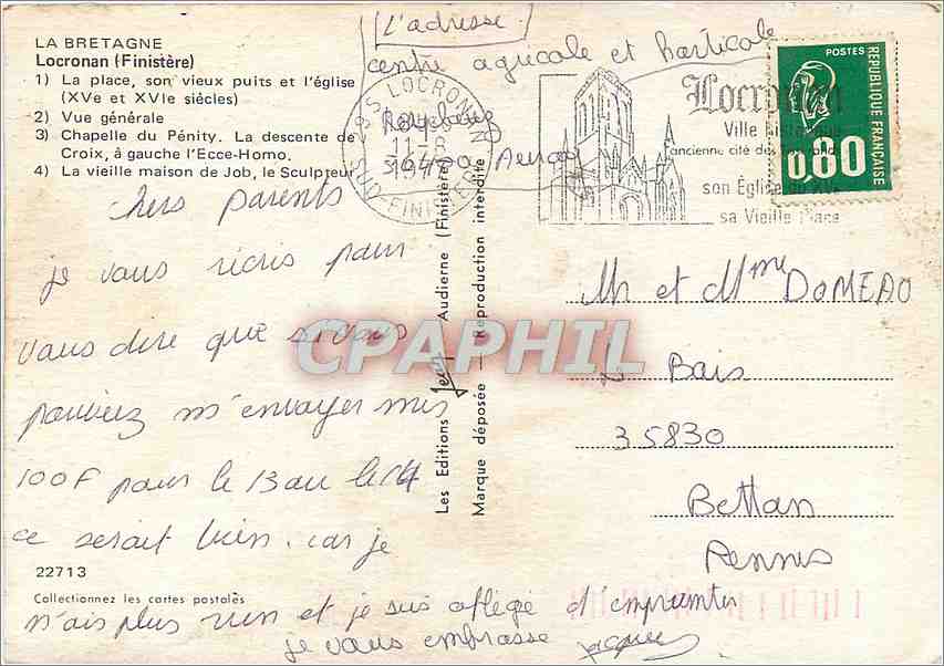 CPM Locrononan Finistere La place son vieux puits et l'eglise Vue generale Chapelle du Penity La des — Rückseite