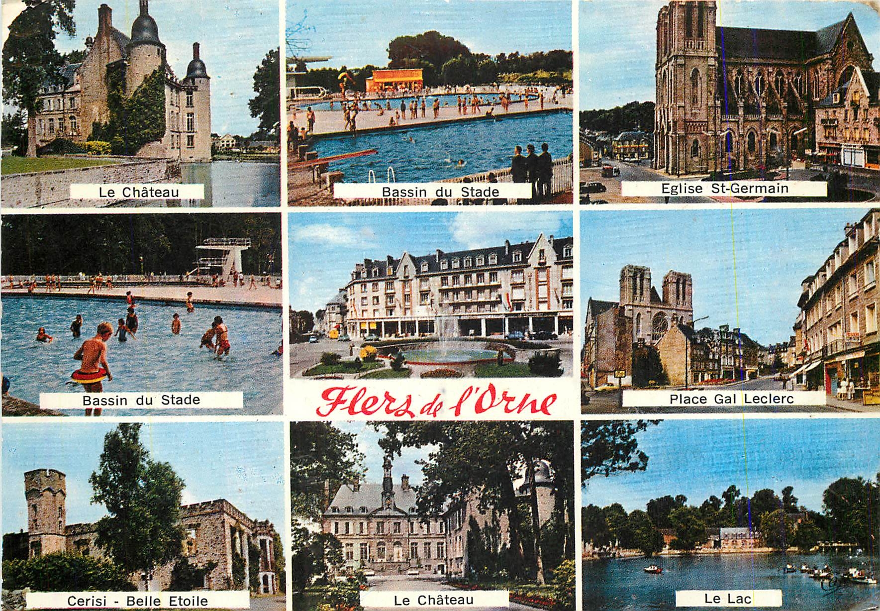 CPM Flers de l'Orne Le Chateau Bassin du Stade Eglise St Germain 