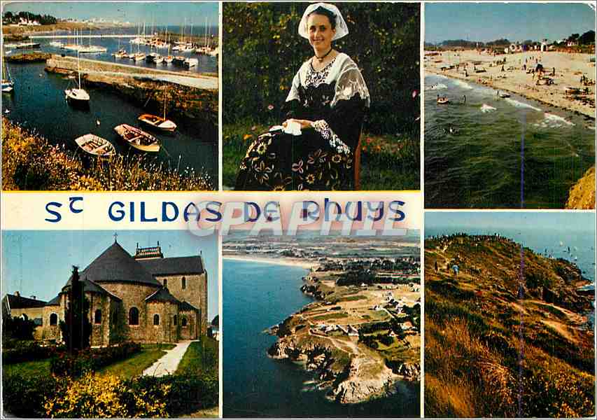 CPM Saint Gildas de Rhuys Le port l'abbatiale le Grand Mont et la plage des Govelins 
