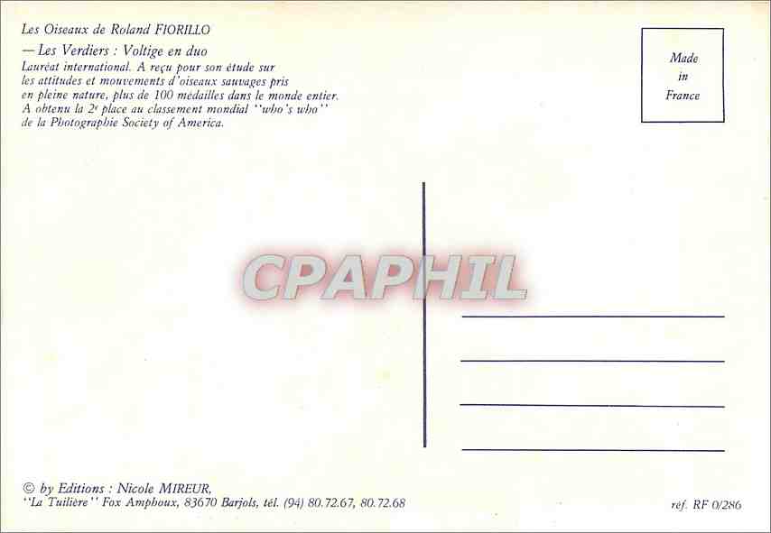 CPM Les Oiseaux de Roland Fiorillo Les Verdiers Voltige en duo  — Rückseite