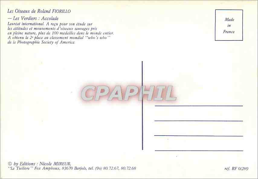 CPM Les Oiseaux de Roland Fiorillo Les Verdiers Accolade  — Back