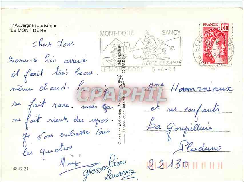 CPM L'Auvergne touristique Le Mont Dore  — Verso