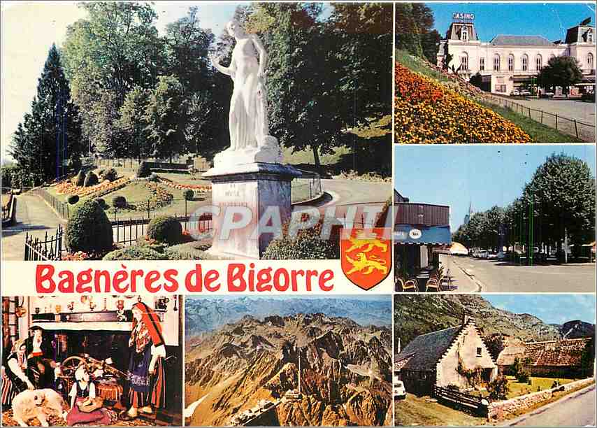 Bagnères-de-Bigorre — Panoramablick mit Statue, Hotel, Berge und Landschaft — Verlag CPAPHIL, Nr. 3 CP 80 1434