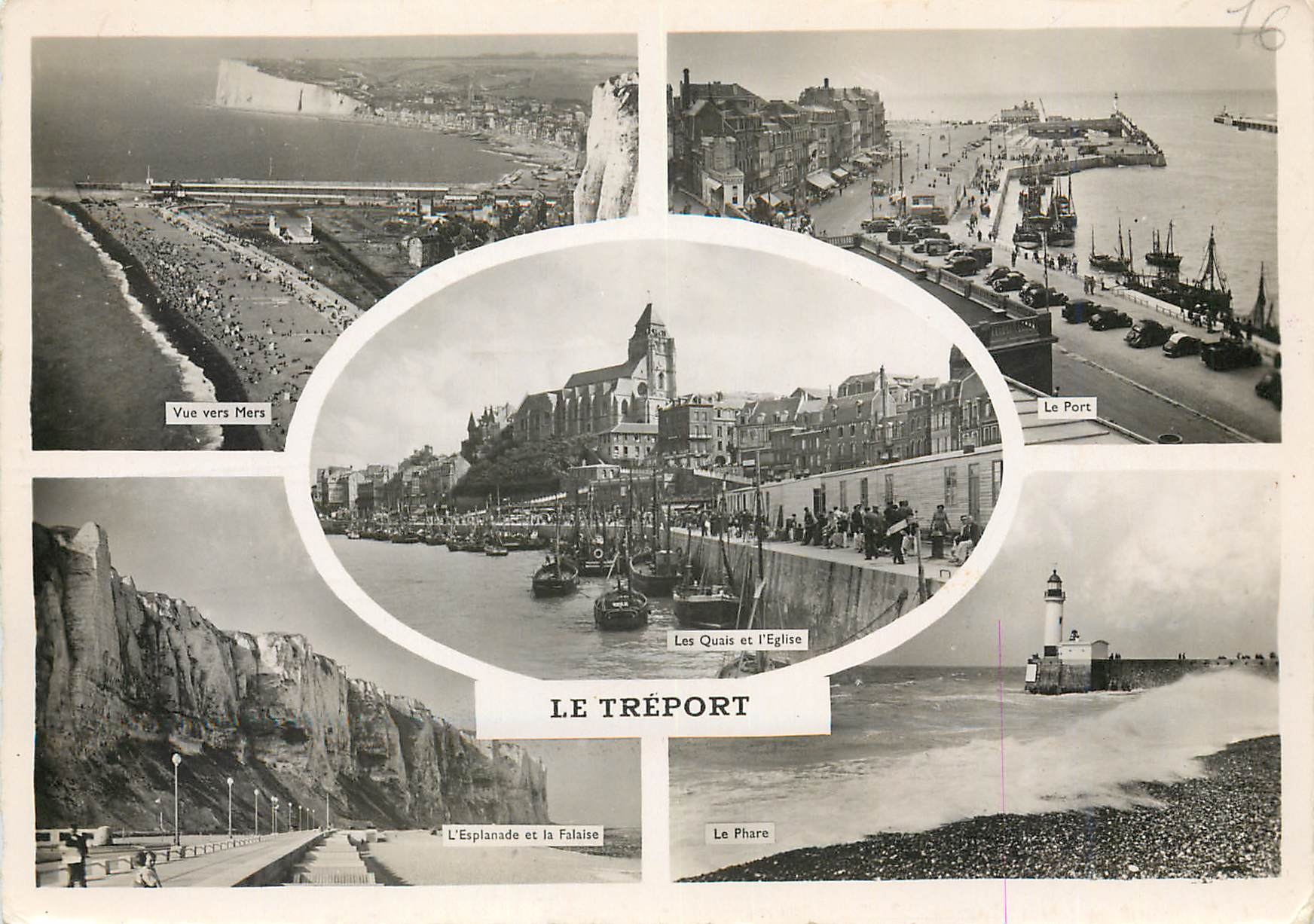 CPM Le Treport Vue vers Mers Le port Bateaux L'esplanade et la falaise Le phare