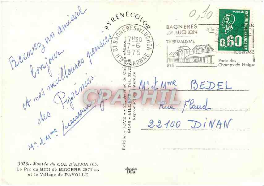 Montée du COL D'ASPIN — Le Pic du MIDI de BIGORRE 2877 m. et le Village de PAYOLLE — Édition JOVE — Verso