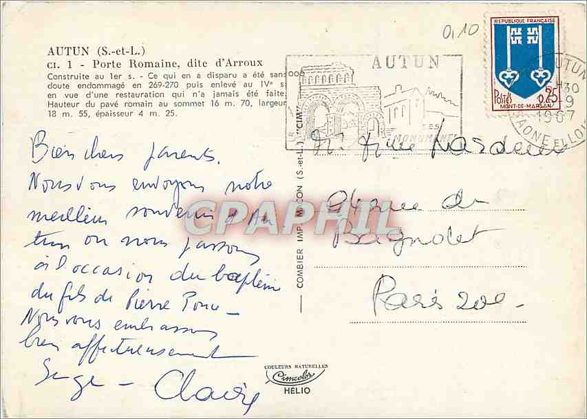 CPM Autun S et L Porte Romaine dite d'Arroux  — Rückseite