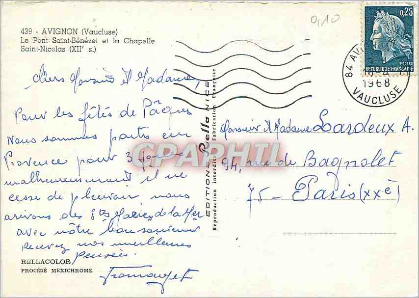Pont Saint-Bénézet et la Chapelle Saint-Nicolas — Avignon (Vaucluse) — Éditions Rella Nice, n° 439 — Rückseite