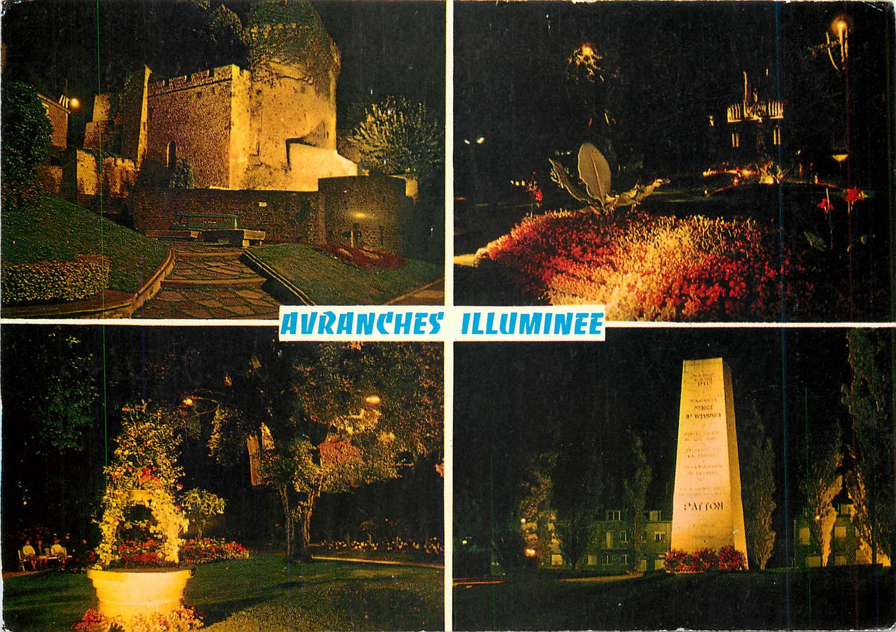 Avranches illuminée — vue nocturne de la cité avec château, monument Patton et jardins — éditeur Artaud, série 104