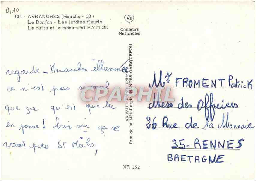 Avranches illuminée — vue nocturne de la cité avec château, monument Patton et jardins — éditeur Artaud, série 104 — Rückseite