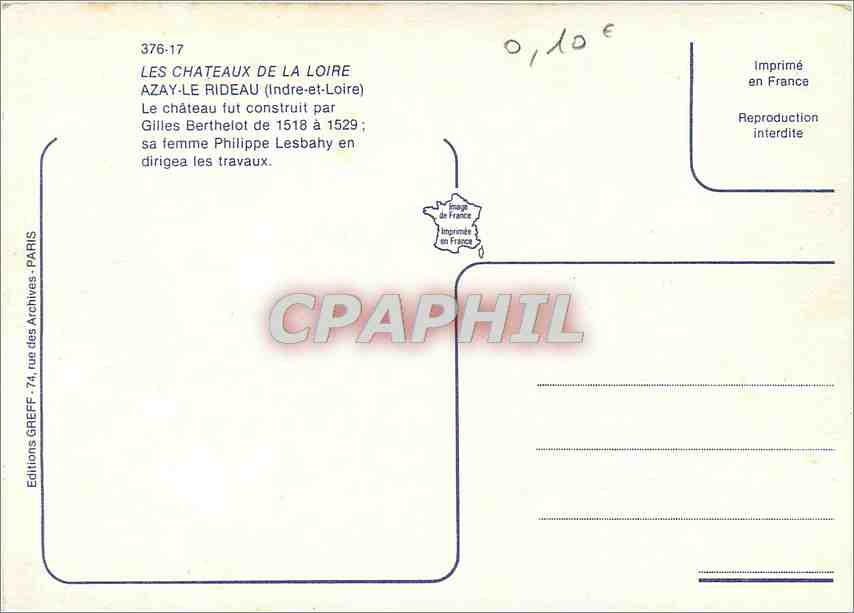 CPM Les Chateaux de la Loire Azay le Rideau Indre et Loire Le chateau  — Rückseite