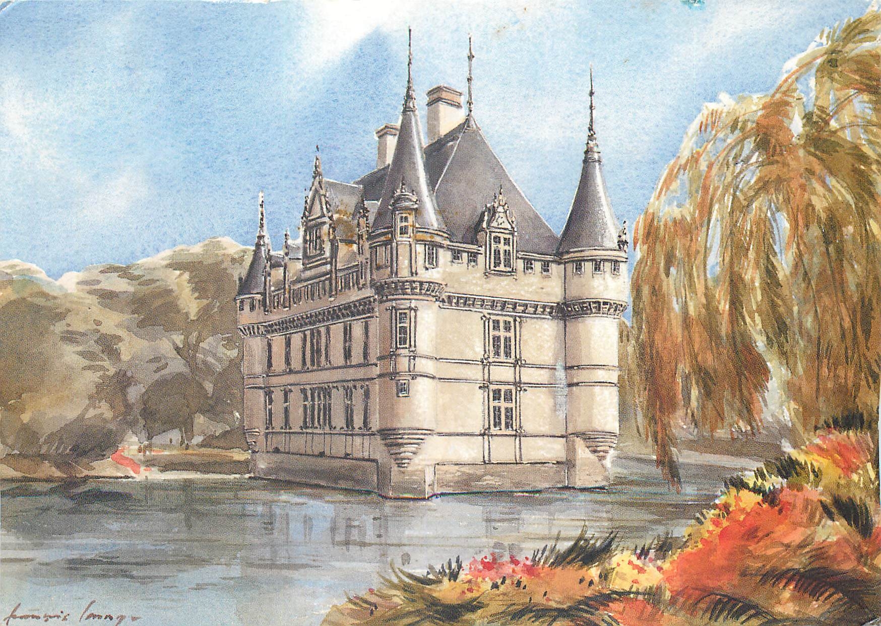 CPM Aquarelle Chateaux de la Loire Azay le Rideau I et L L'une des plus belles reussites de la premi