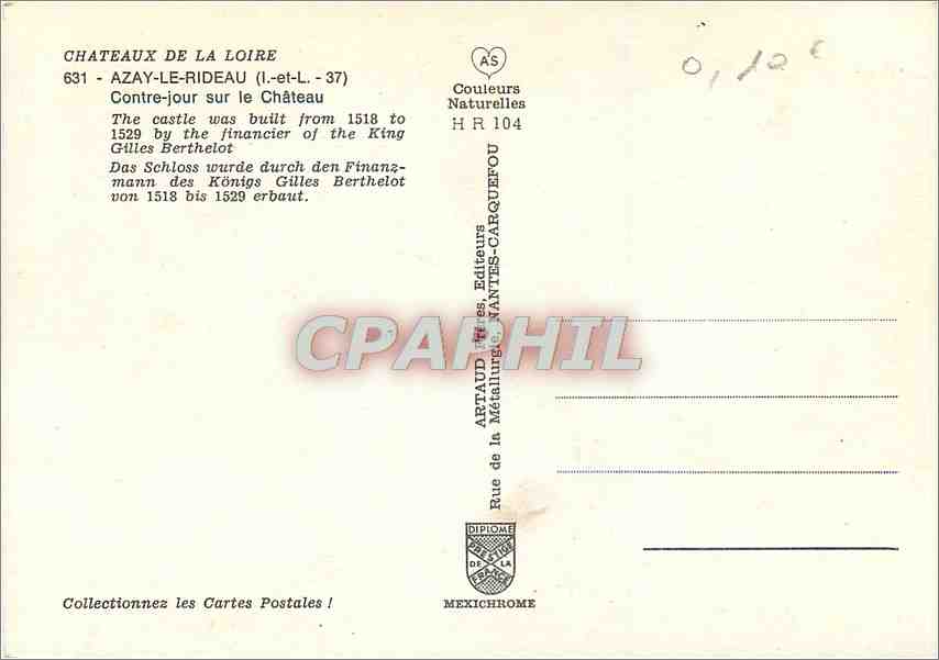 CPM Azay le Rideau I et L Contre jour sur le Chateau  — Rückseite