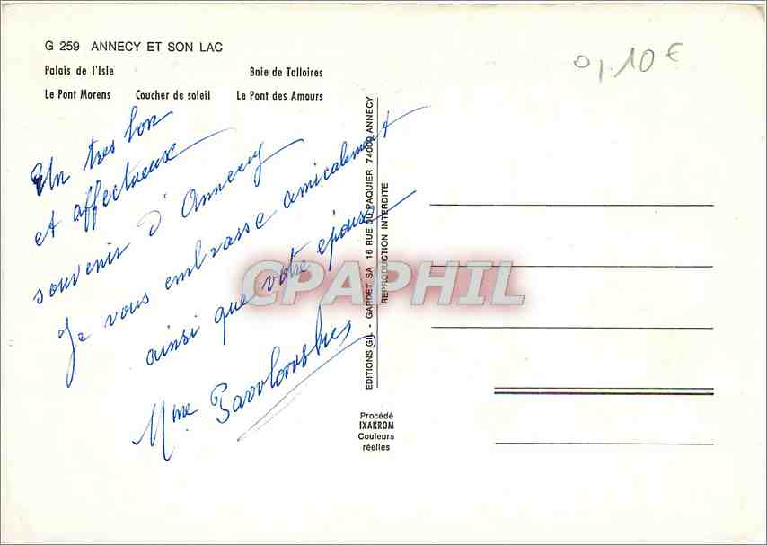 CPM Annecy et son lac Palais de l'Isle Boie des Talloires  — Rückseite