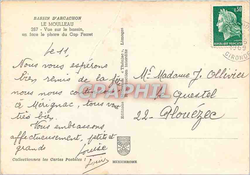 Bassin d'Arcachon — Vue sur le bassin, en face le phare du Cap Ferret — Éditions « Thécojac » — Rückseite