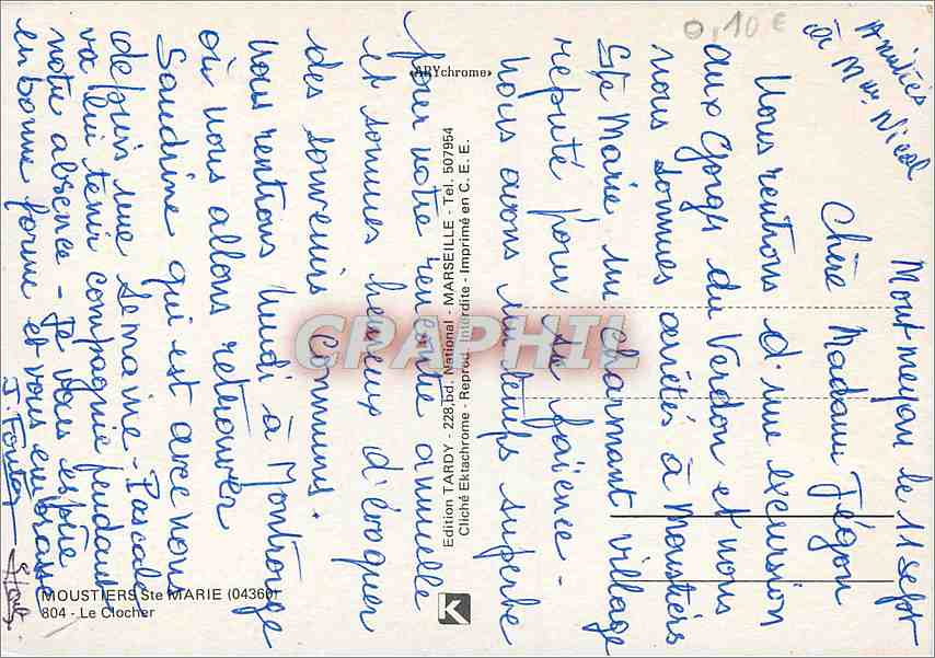CPM Moustiers Ste Marie Le Clocher  — Verso