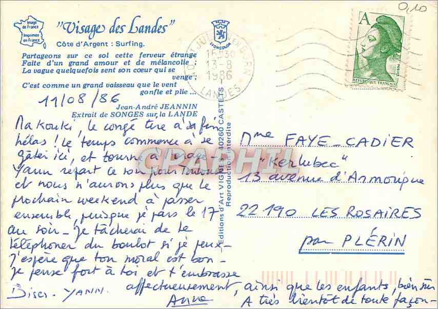 CPM Visage des Landes Cote d'Argent Surfing  — Rückseite