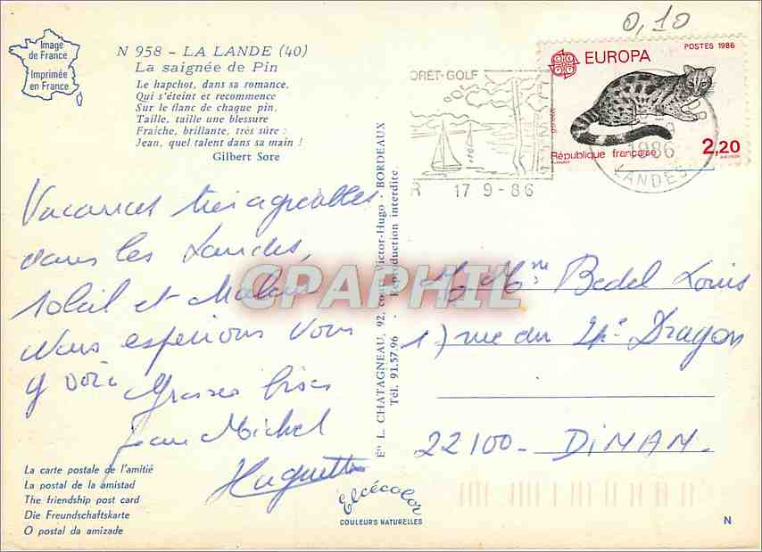 CPM La Lande La saignee de pin Le hapchet dans sa romance  — Rückseite