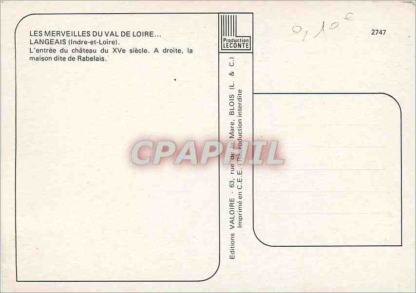 CPM Langeais Indre et Loire L'entree du chateau A droite la maison dite de Rabelais  — Verso