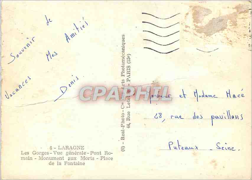 CPM Laragne Les Gorges Vue generale Pont Romain Monument aux Morts Place de la Fontaine  — Verso