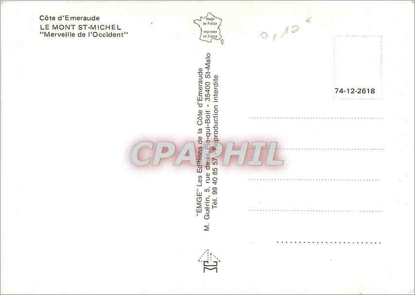 CPM Cote d'Emeraude Le Mont St Michel Merveille de l'Occident  — Verso