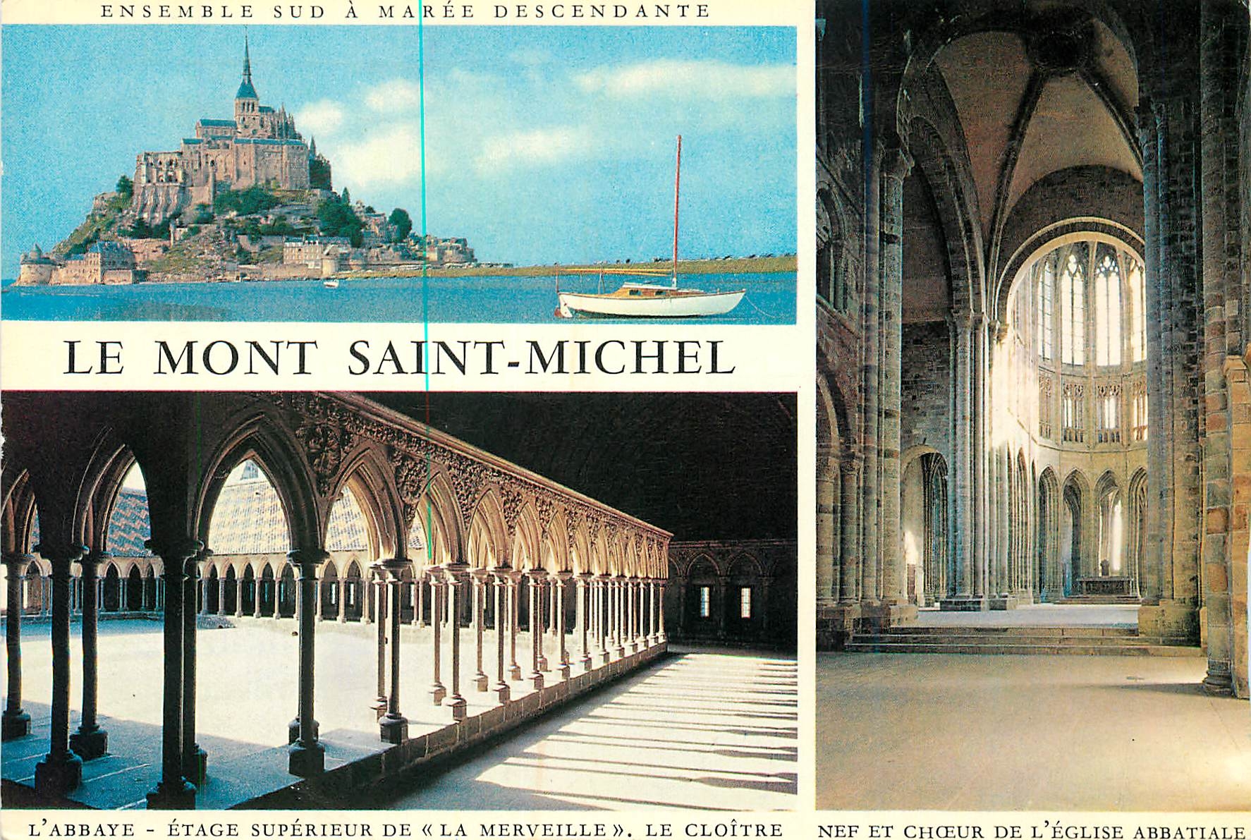 Le Mont Saint-Michel — Ensemble sud à marée descendante, l'abbaye, le cloître, la nef et le chœur de l'église abbatiale
