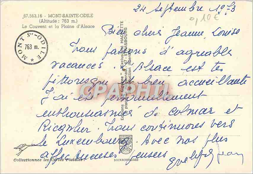CPM Mont Sainte Odile La Couvent et la Plaine d'Alsace  — Rückseite