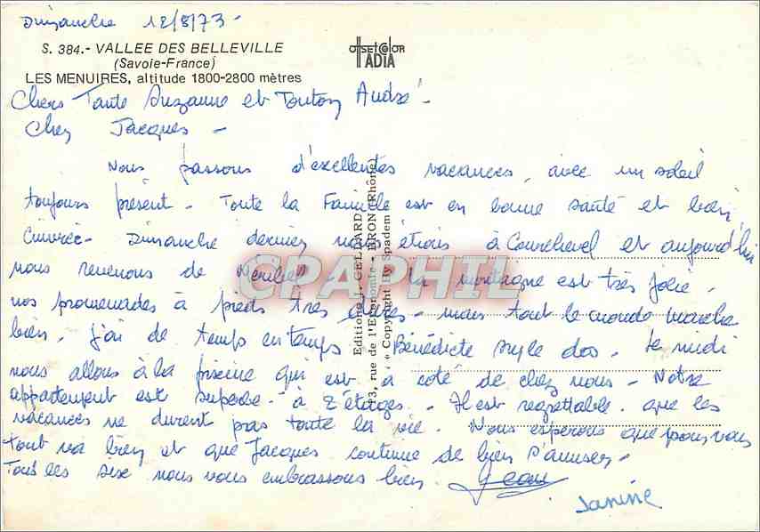 CPM Vallee des Belleville Savoie France Les Menuires  — Rückseite