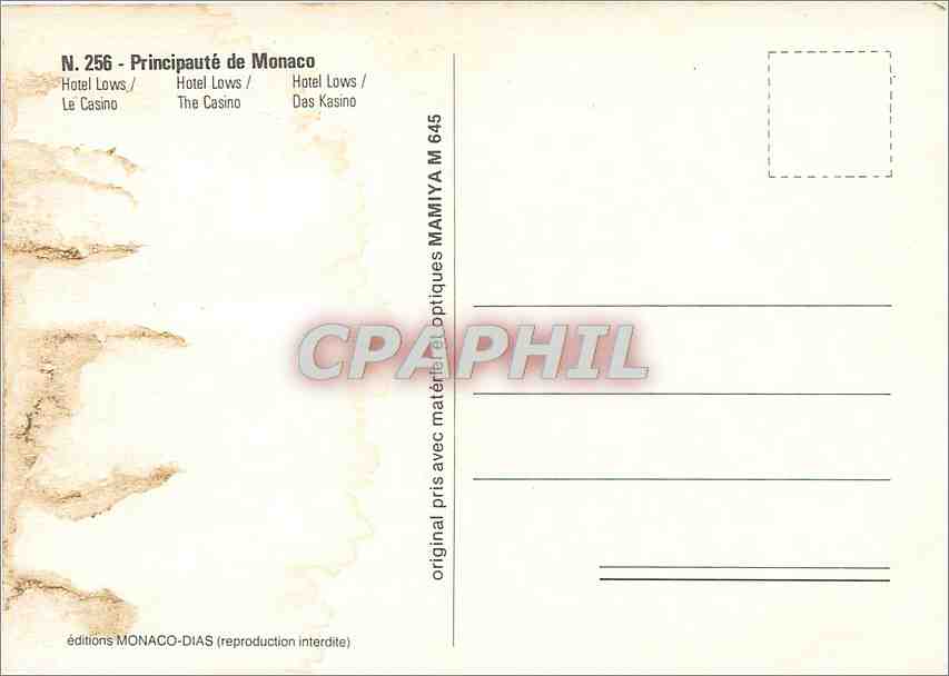 CPM Principaute de Monaco Hotel Lows Le Casino  — Verso