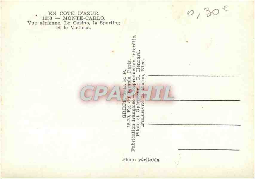CPM Monte Carlo Vue aerienne Le Casino le Sporting et le Victoria  — Verso