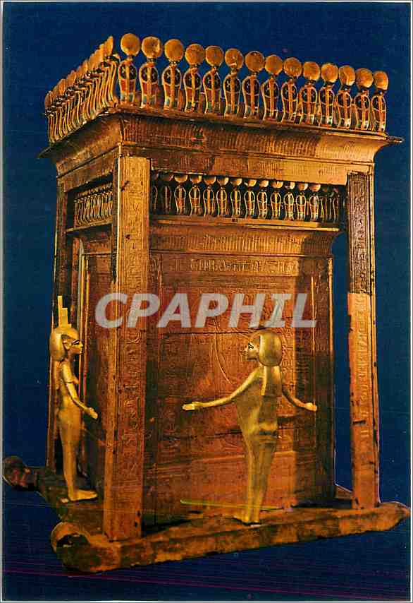 CPM Le Musee Egyptien Le Caire Tutankhamens Treasures Large woodesn canopic shrine guarded by for pr