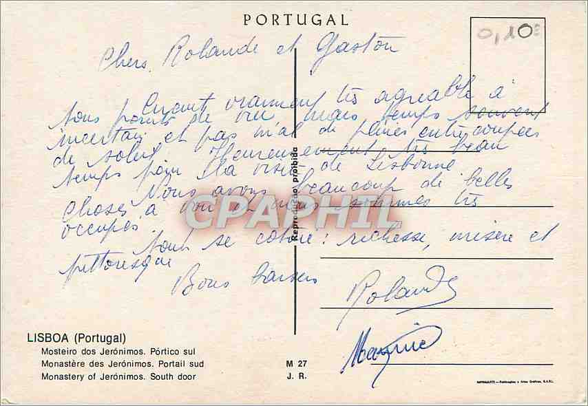CPM Lisboa Portugal Monastere des Jeronimos Portail Sud  — Rückseite