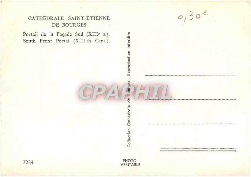CPM Cathedrale Saint Etienne de Bourges Portail de la Facade Sud  — Rückseite
