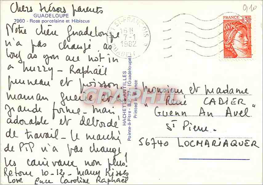 CPM Guadaloupe Rose porcelaine et Hibiscus  — Verso