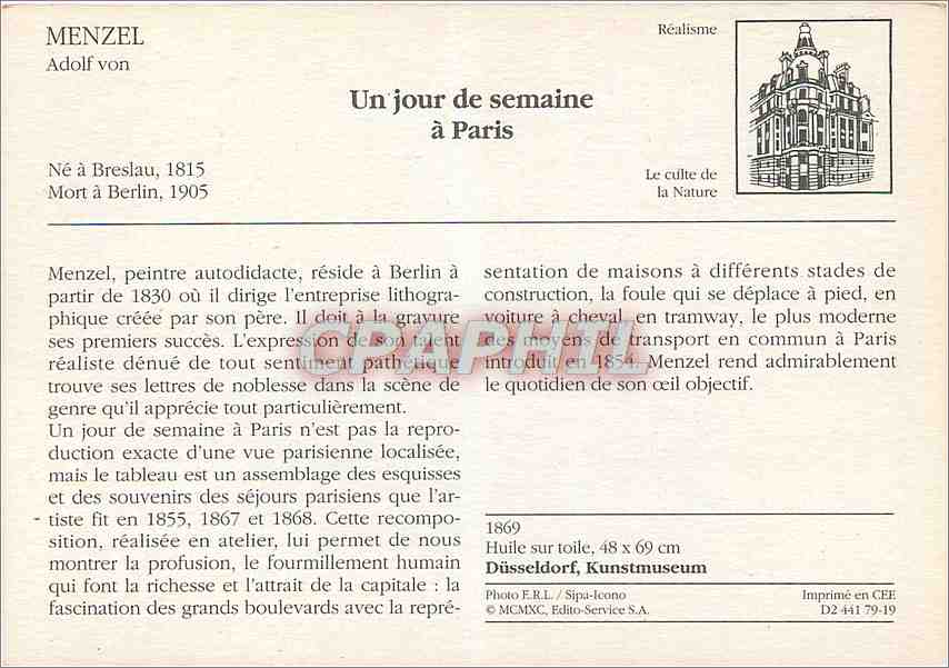 CPM Menzel Un jour de semaine a Paris Dusseldorf Kunstmuseum  — Verso
