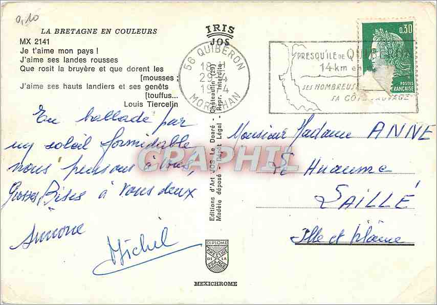 CPM La Bretagne en Couleurs Je t'aime mon pays  — Verso