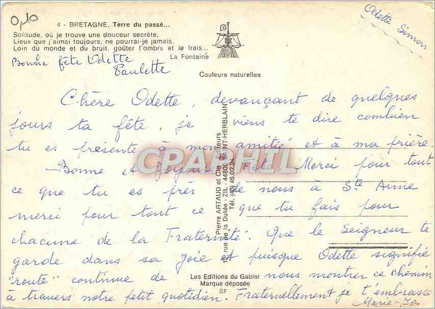 CPM Bretagne Terre du passe Solitude ou je trouve une douceur secrete  — Rückseite