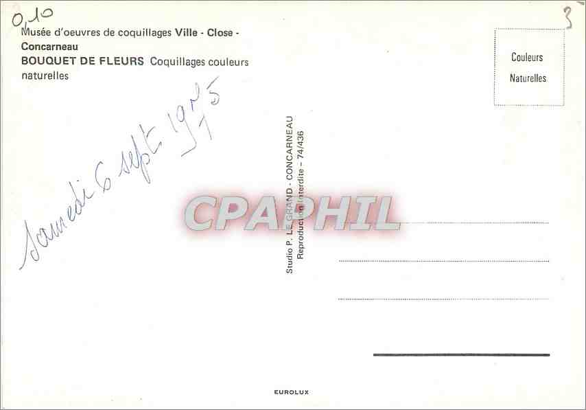 CPM Musee d'oeuvres de coquillages Ville Close Concarneau Bouquet de Fleurs  — Verso