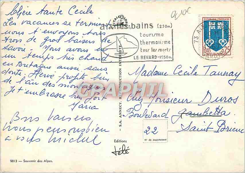CPM Souvenir des Alpes Montagne Mt Blanc Lac Chalet  — Rückseite