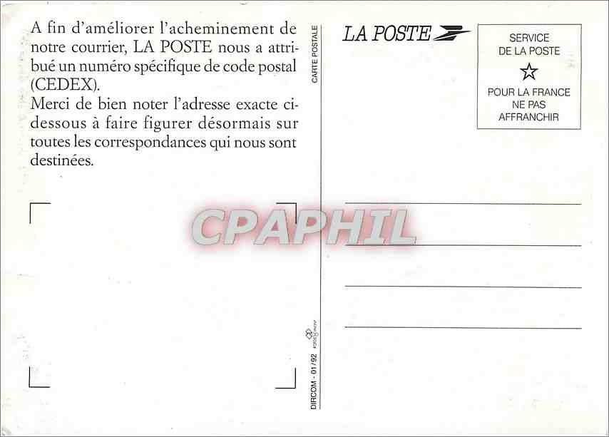 CPM Cedex A fin d'ameliorer l'acheminemnent de notre courrier La Poste — Rückseite