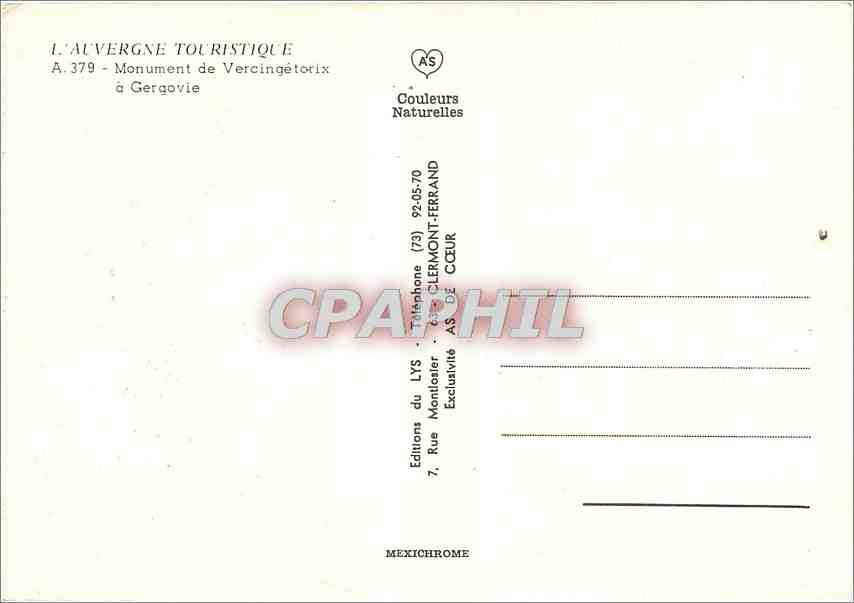 CPM L'Auvergne Touristique Monument de Vercingetorix a Gergovie  — Verso
