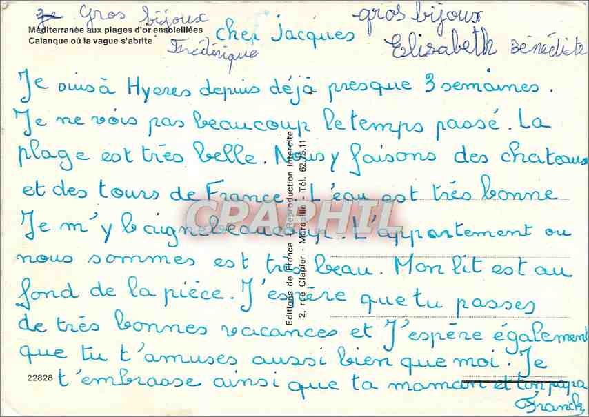 CPM Mediterranee aux plages d'or ensoleillees Calanque ou la vague s'abrite  — Verso