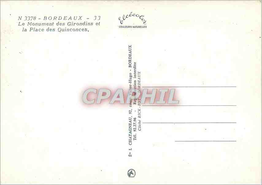 CPM Bordeaux Le Monument des Girondins et la Place des Quinconces  — Verso