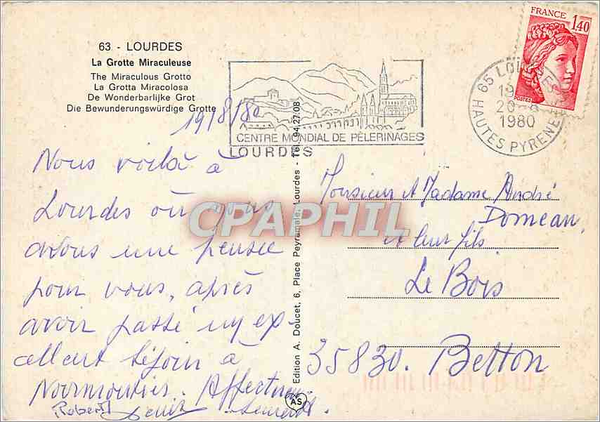 CPM Lourdes La Grotte Miraculeuse  — Verso