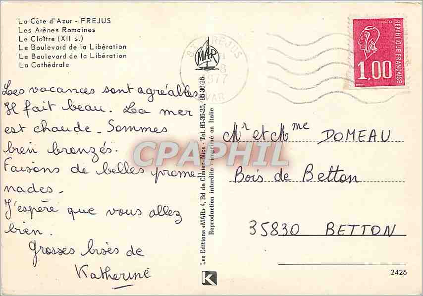 CPM La Cote d'Azur Frejus Les Arenes Romaines Le Cloitre Le Boulevard de la Liberation  — Rückseite