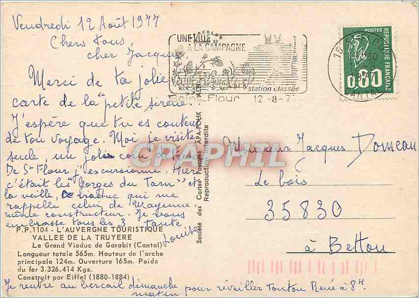CPM L'Auvergne Touristique Vallee de la Truyere Le Grand Viaduct de Garabit Cantal  — Verso