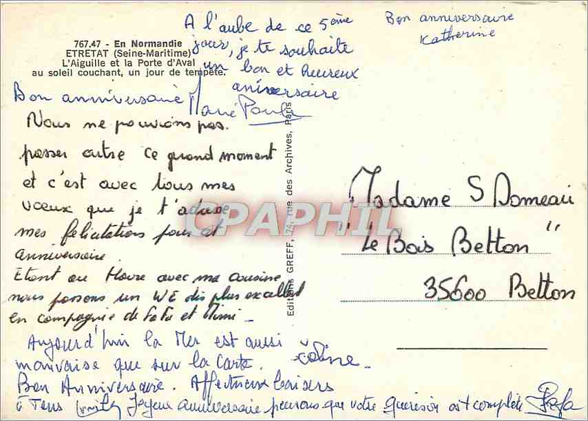 CPM Etretat Seine Maritime L'Aiguille et la Porte d'Aval au soleil couchant un jour de tempete  — Rückseite