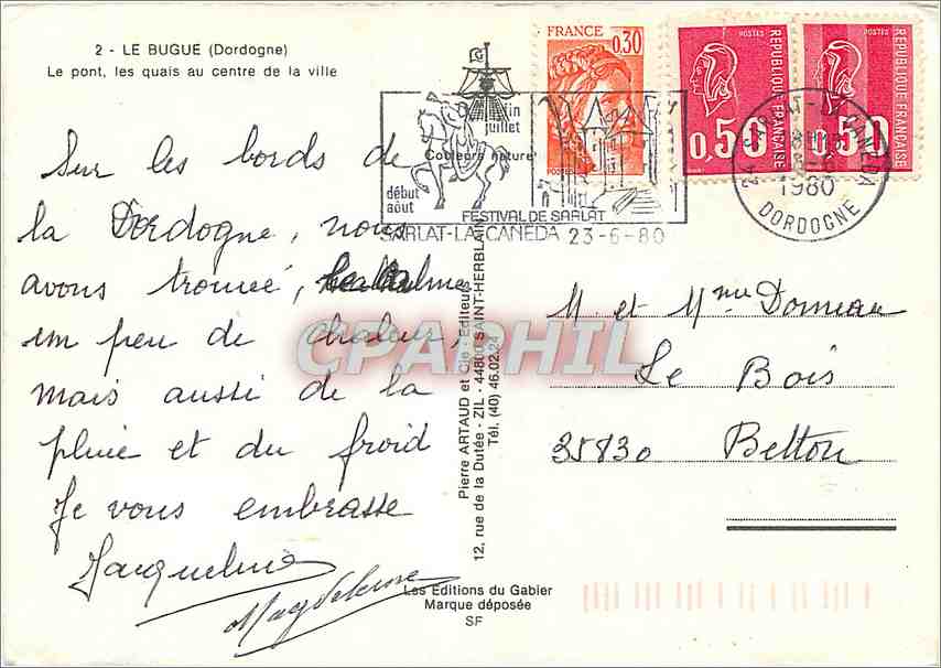 CPM Le Bugue Dordogne Le pont les quais au centre de la ville  — Rückseite