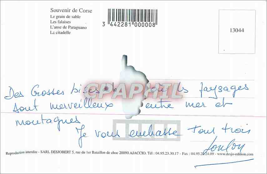 CPM Souvenir de Corse Le grain de sable Les falaises L'anse de Paraguano La citadelle  — Rückseite